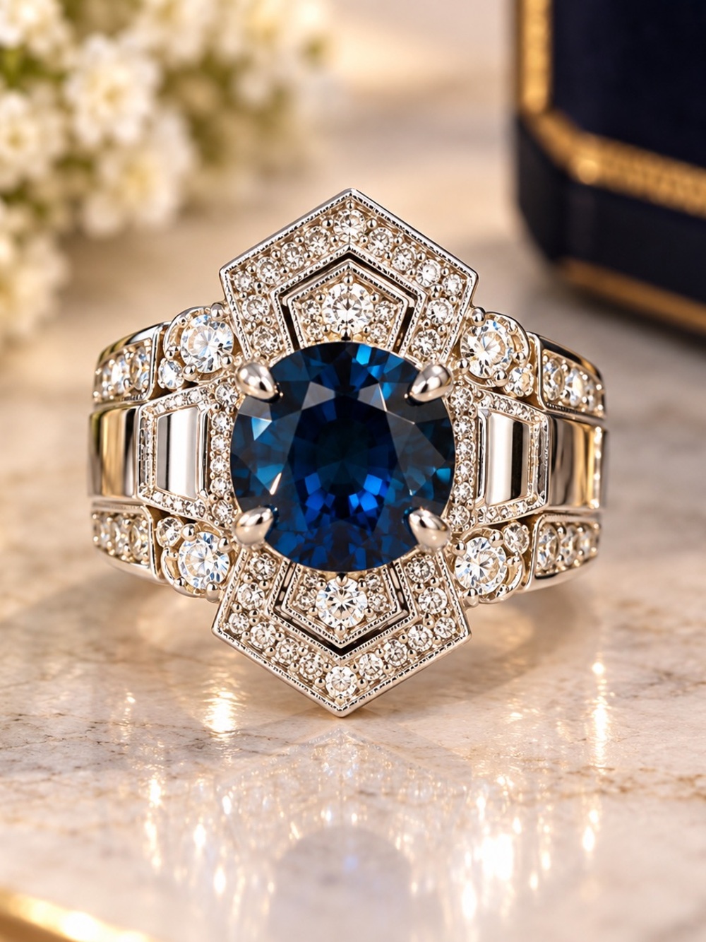 Stunning Blue Sapphire Crystal Silver Tone Art Deco Statement Cocktail Ring. 8